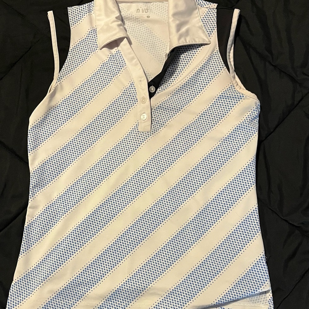Stylish Blue and White Striped Sleeveless Golf Shirt